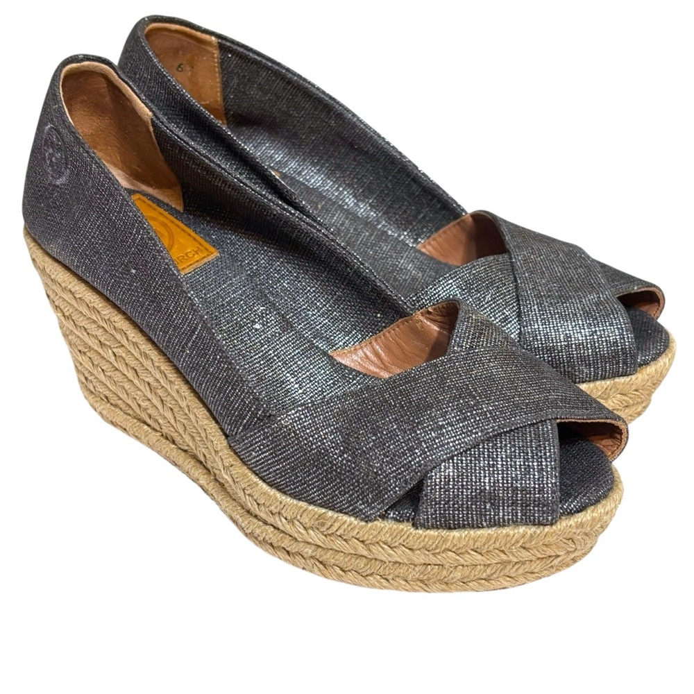 Tory Burch espadrille wedge Filipa gray metallic canvas peep toe size 6.5